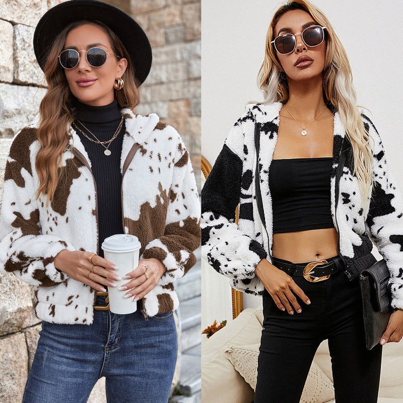 Playful Cow Print Hooded Cardigan