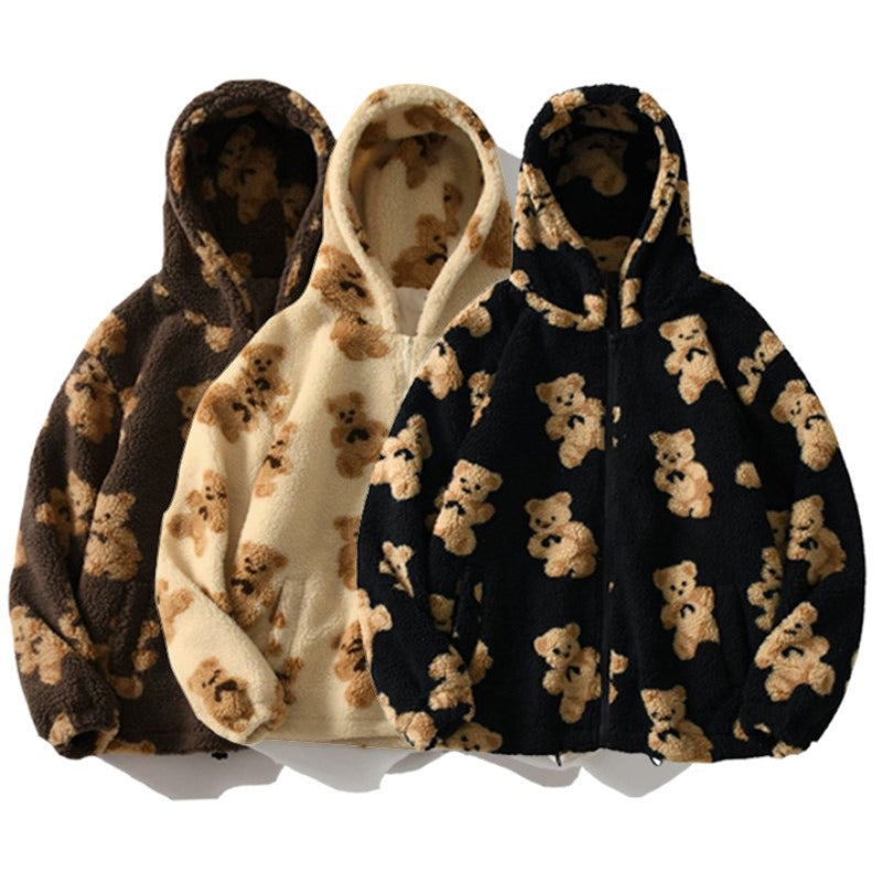 Playful Bear Hooded Plush Sweater for Women