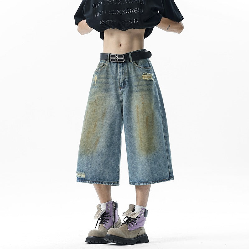 Playful Vintage Denim Shorts - Loose Wide Leg Pants