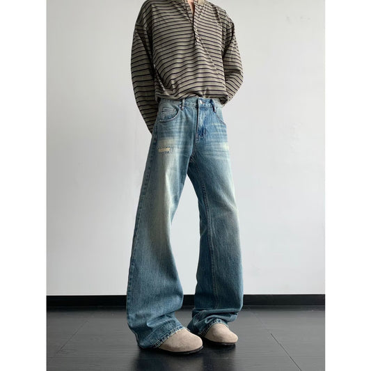 Light Blue Wide Leg Cat Whisker Jeans for Men