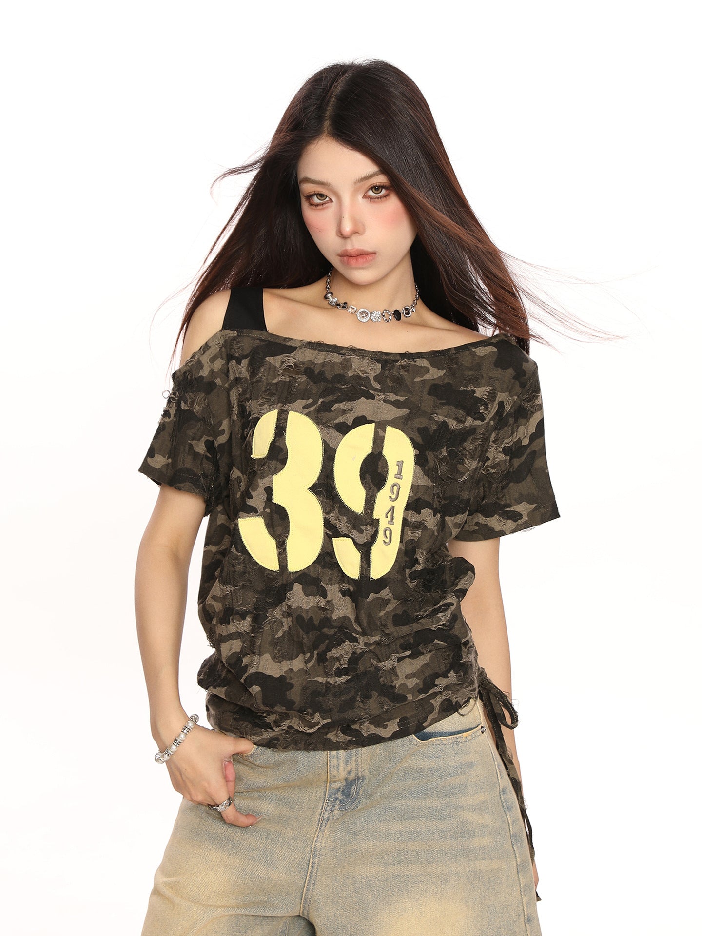 Slanted Shoulder Camouflage Off-Shoulder Top
