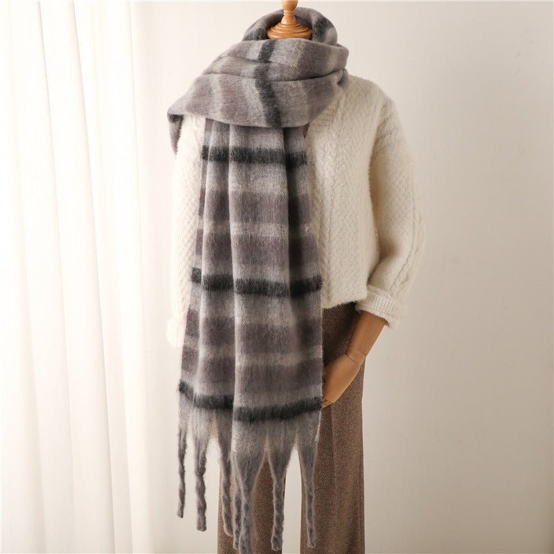Thick Striped Imitation Cashmere Scarf with Tassels