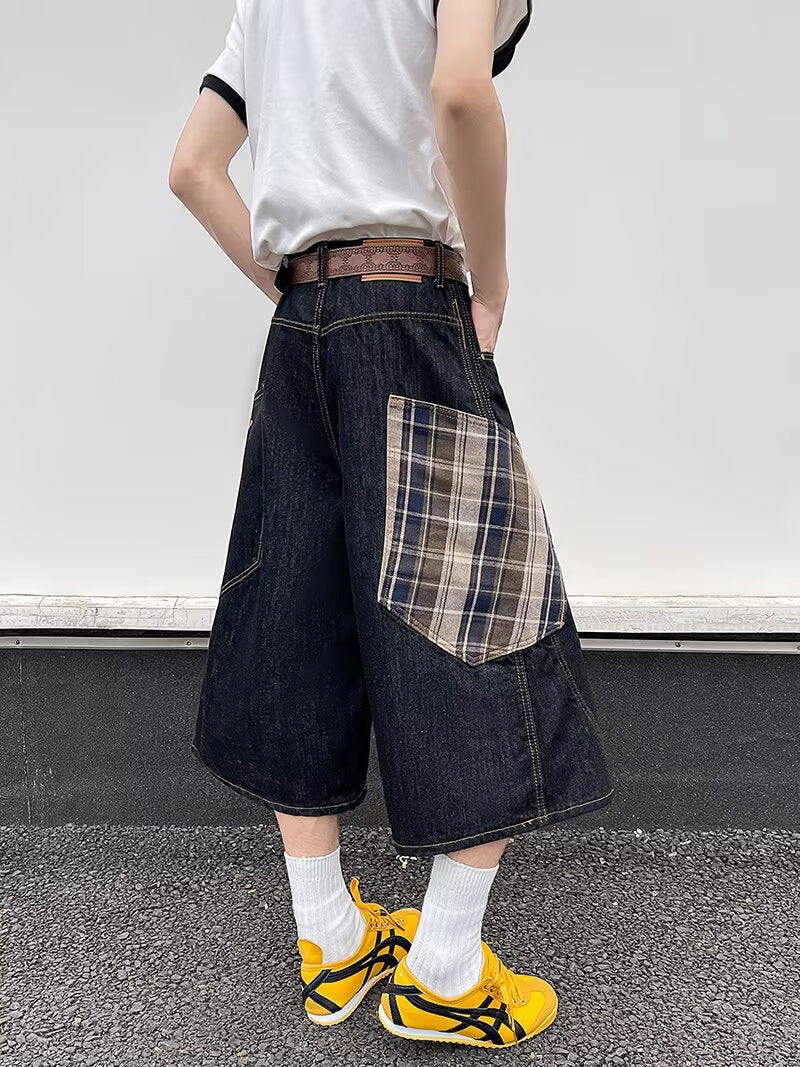 Retro Plaid Patchwork Denim Cropped Pants for Men