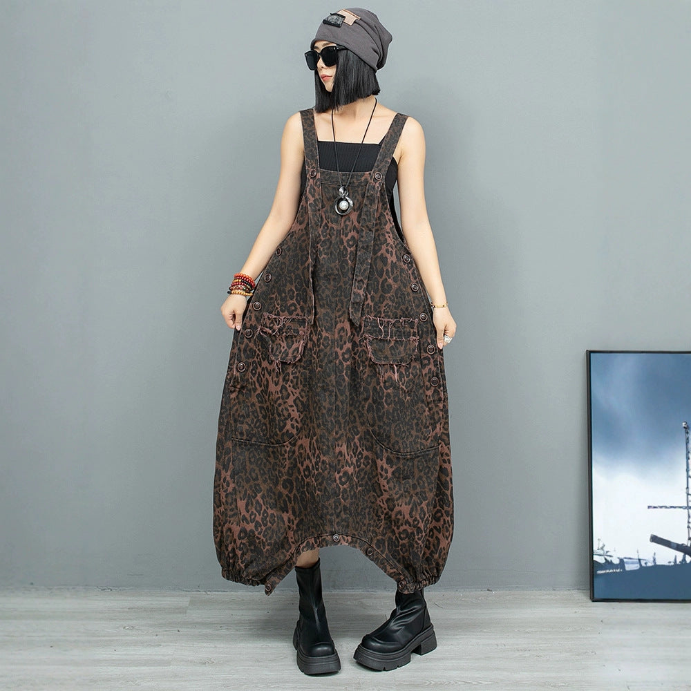 Personalized Stylish Leopard Print Denim Overalls for Women