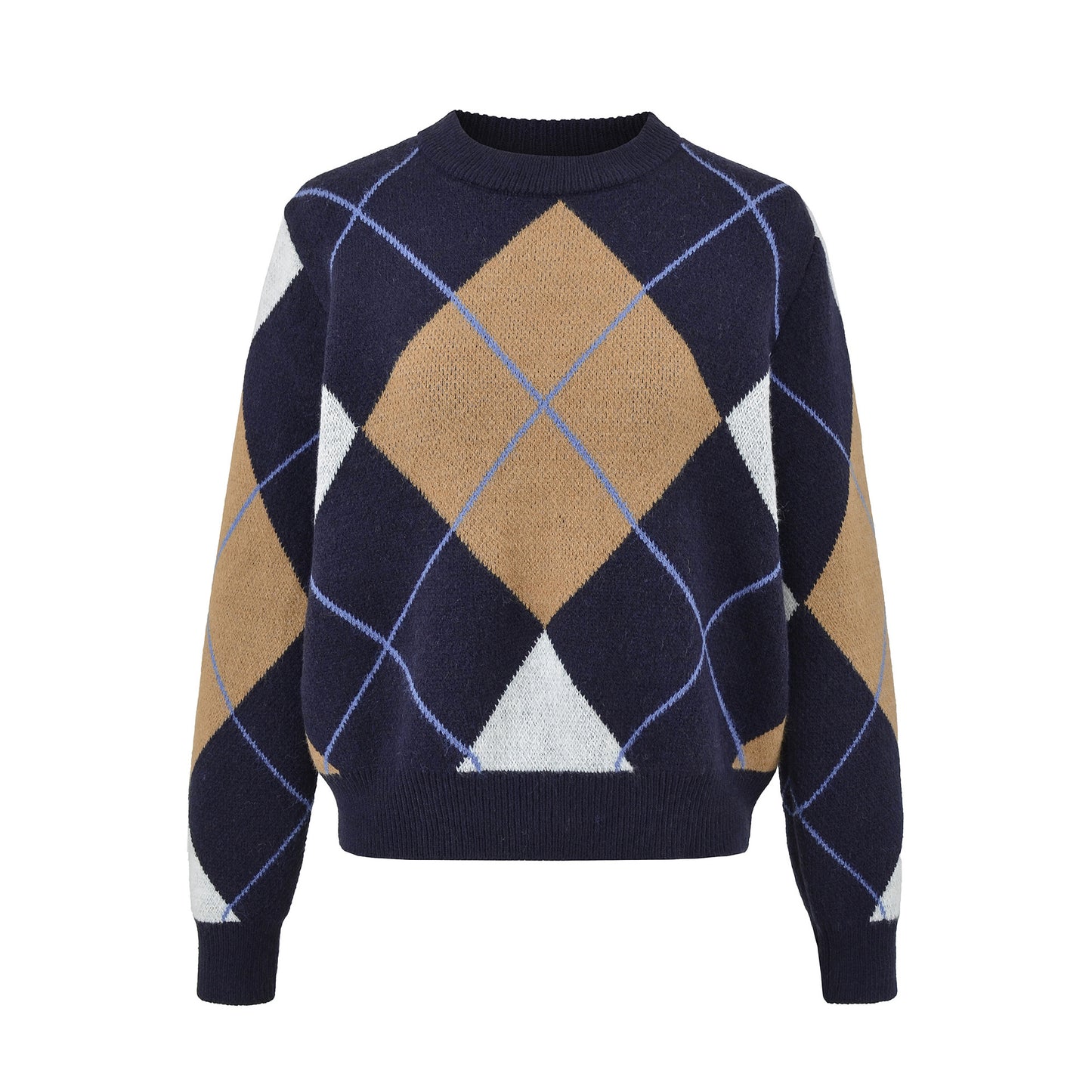 Round Neck Long Sleeve Loose Diamond Grid Pullover Sweater