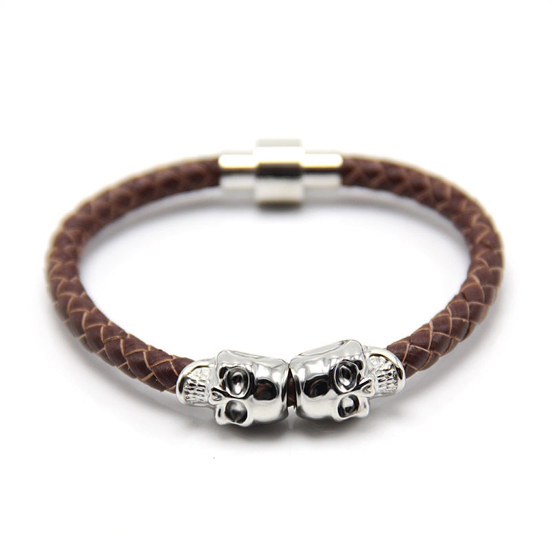 Men's Leather Ghost Head Skull Bracelet - Punk Style