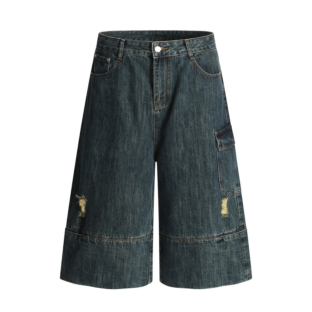 Harajuku Style Washed Distressed Denim 7/8 Pants for Men