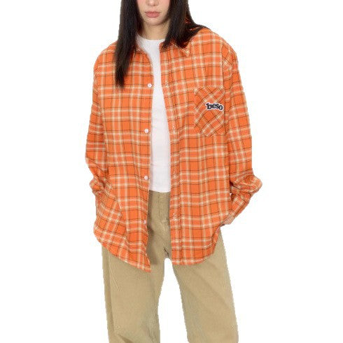 Orange Loose Embroidered Plaid Shirt Blouse for Women, Vintage Casual Shirt Jacket