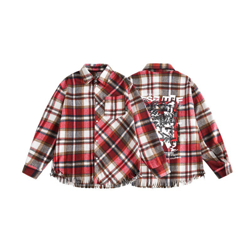 Harajuku Style Tassel Plaid Graffiti Long Sleeve Shirt