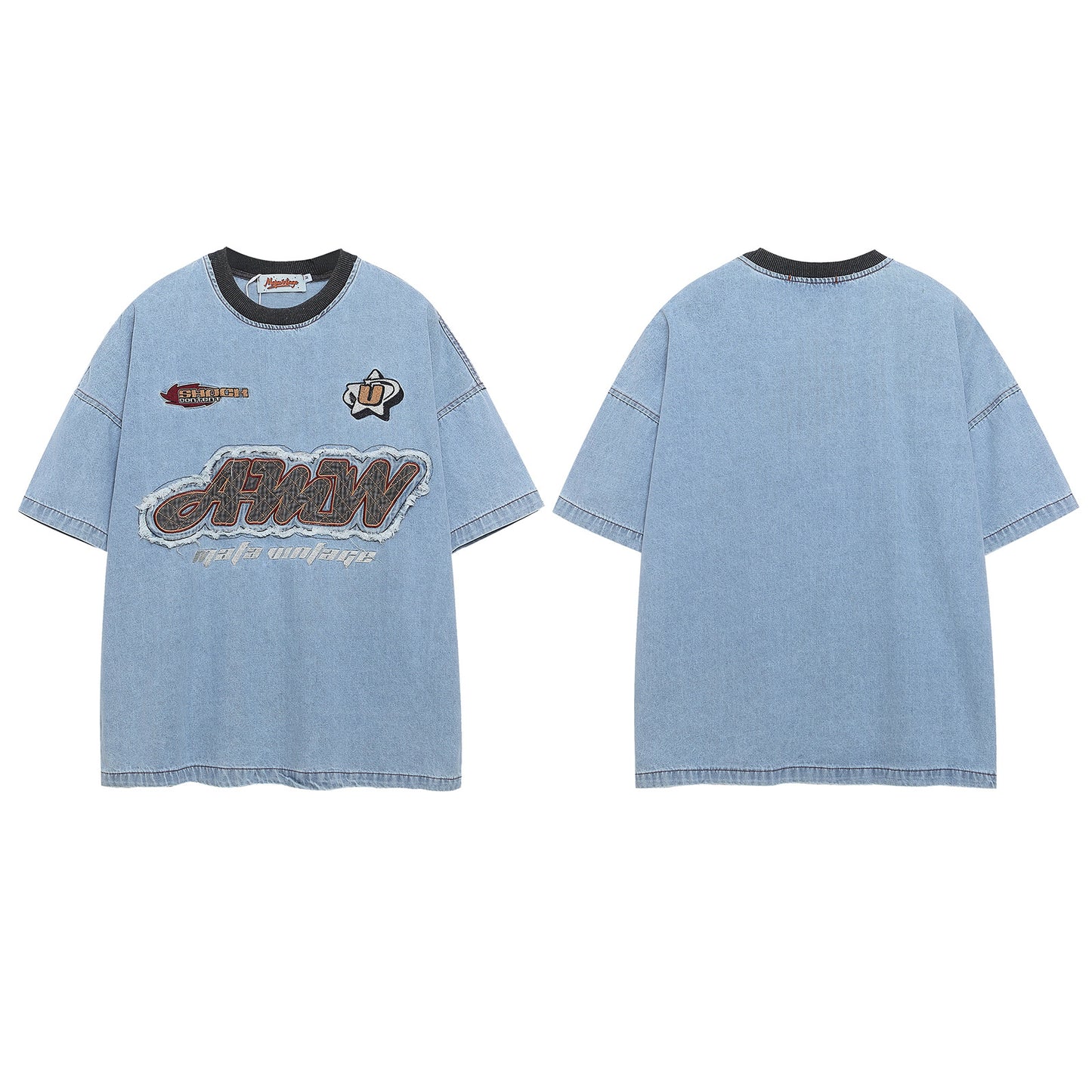 Washed Color Block Letter Patch Embroidery Denim T-Shirt