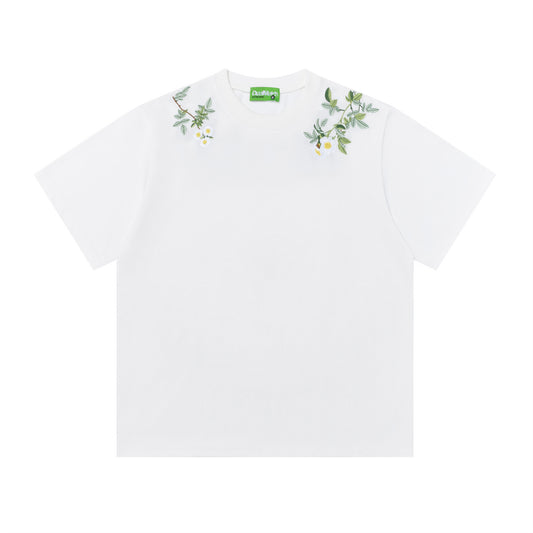Floral Letter Embroidery Crew Neck T-Shirt