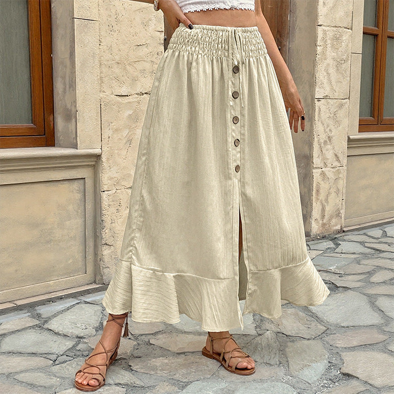 Retro Elastic Waist Button Half Skirt with Split