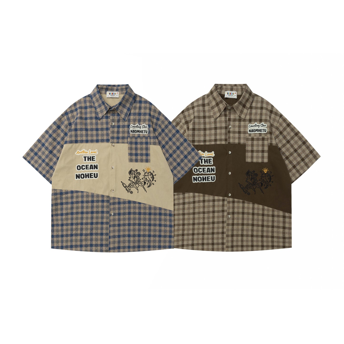 Color Block Cartoon Letter Embroidery Short Sleeve Shirt