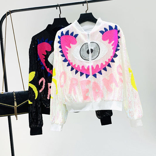 Harajuku Style Sequined Bomber Jacket - Multicolor Eye Design