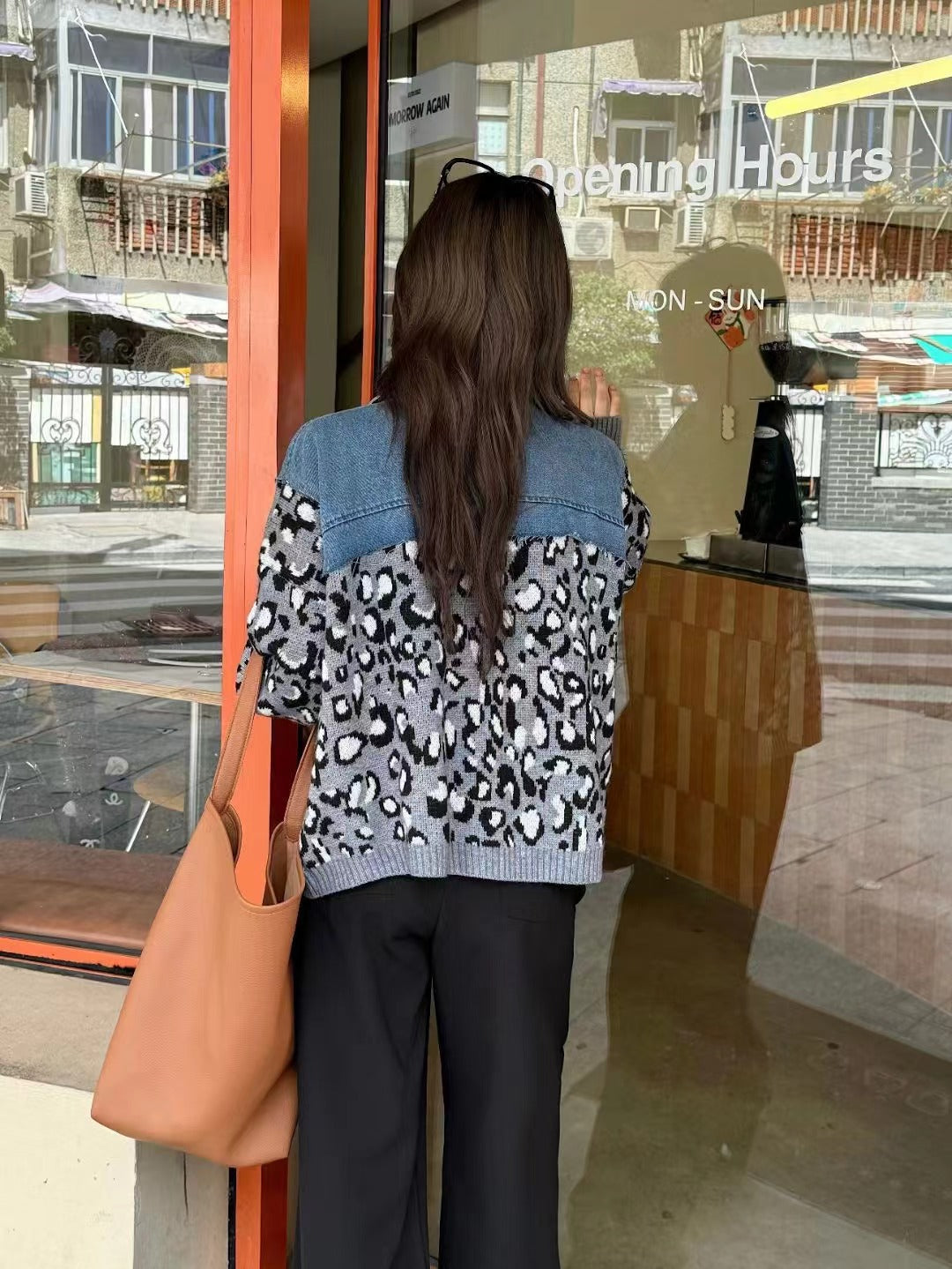 Retro Leopard Print Denim Patchwork Sweater Coat