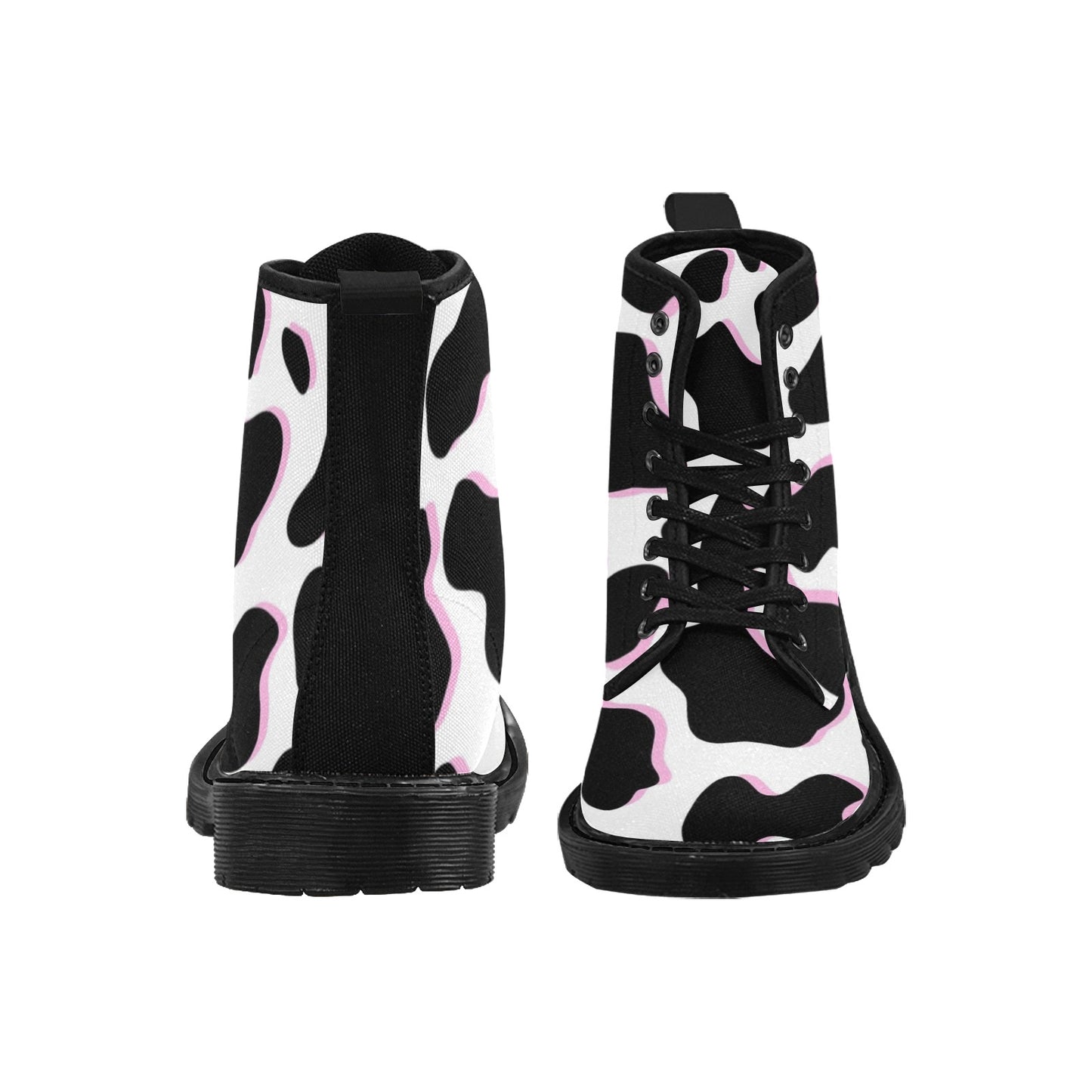 Black and Pink Cow Pattern Men's Lace Up Canvas Boots