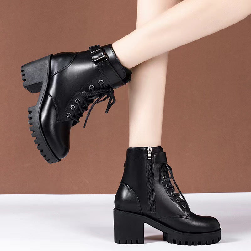 Playful Lace-Up Round Toe Buckle Boots for Women