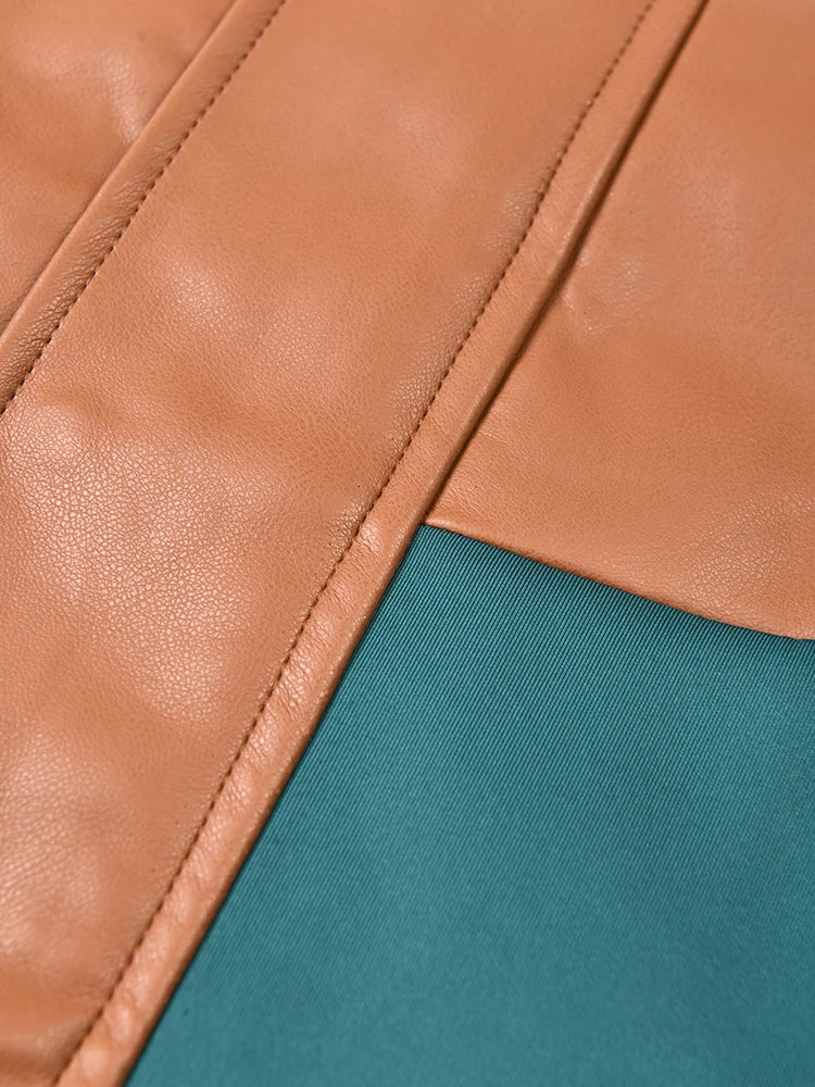 Color-Block Loose Fit PU Leather Jacket for Women