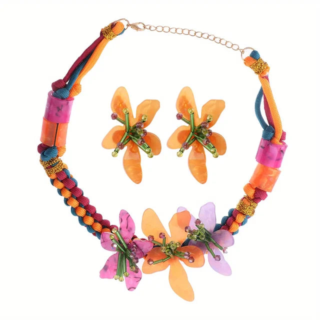 Colorful Harajuku Flower Jewelry Set - Necklace & Earrings