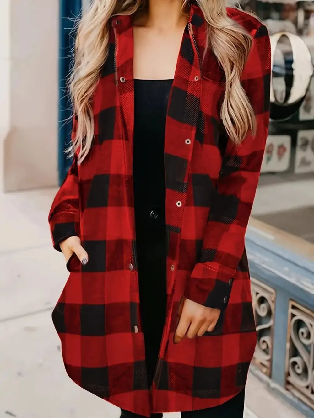 Playful Plaid Collared Neck Snap Down Long Sleeve Jacket