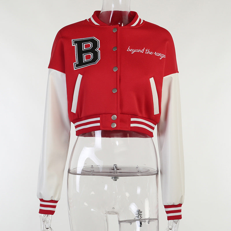 Harajuku Color Block Print Leather Sleeve Baseball Jacket