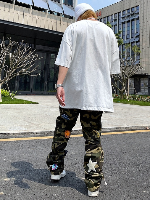 Harajuku Style Camo Cargo Pants with Embroidered Smiley Face