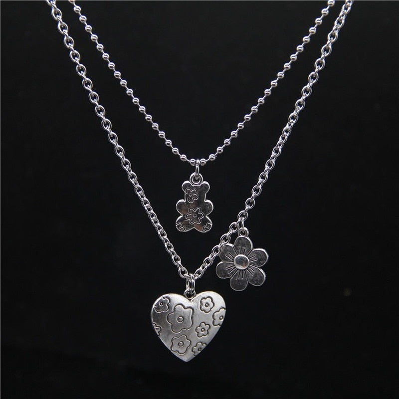 Punk Rock Flower Bear Heart Pendant Necklace for Women