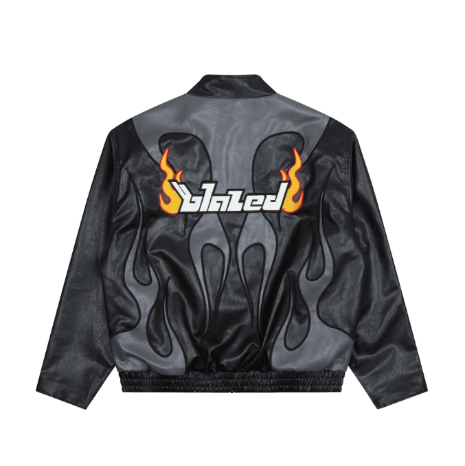 Harajuku Style Flame Letter Embroidery Leather Jacket