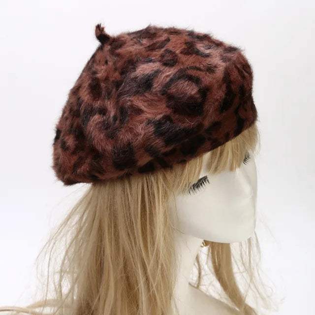 Leopard Print Rabbit Fur Beret - Playful Harajuku Hat