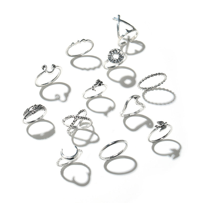 Vintage Moon Feather Geometric Ring Set - 12 Piece