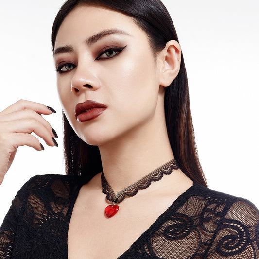 Personalized Black Lace Collarbone Necklace with Red Heart Pendant