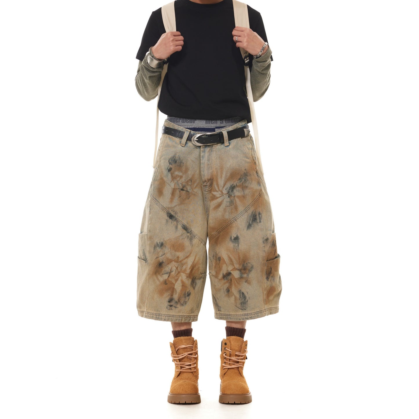 Retro Dirty Dyed Denim Wide Leg Seven Quarter Shorts
