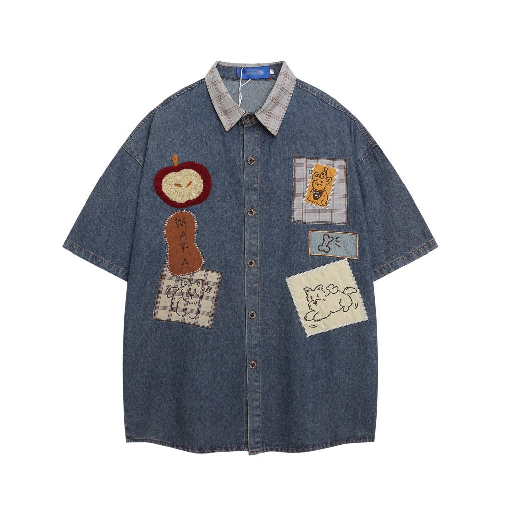 Playful Water-Washed Denim Shirt with Irregular Embroidery