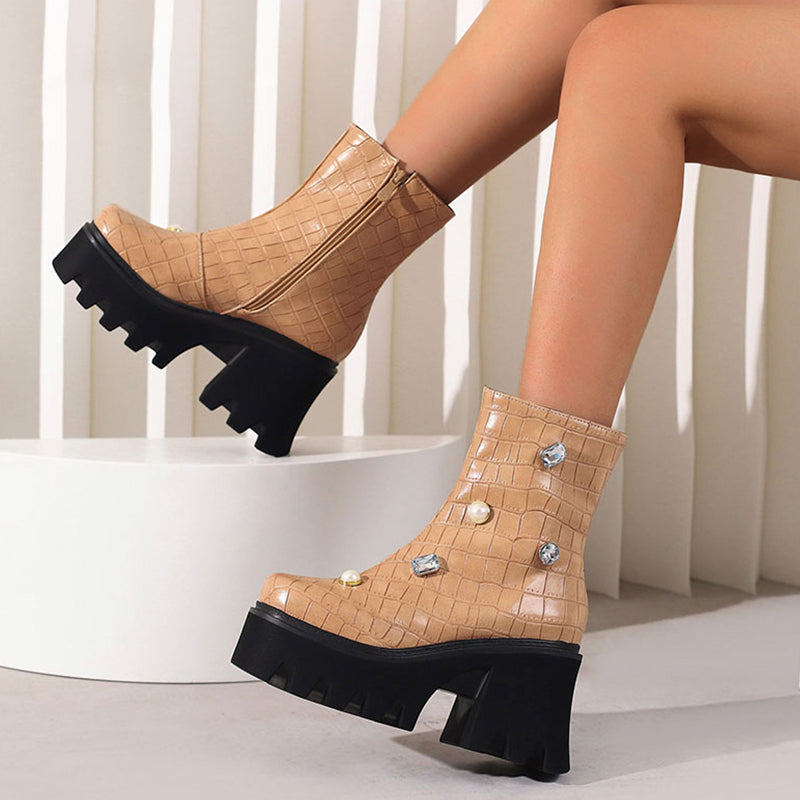 Rhinestone Thick Bottom Boots - British Style