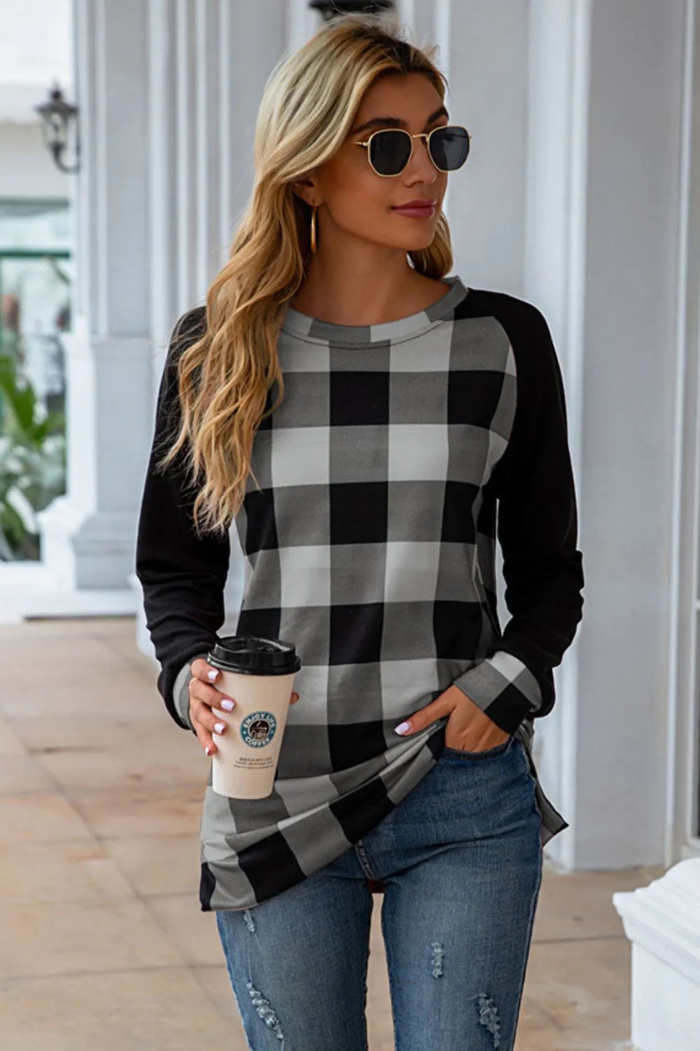 Harajuku Plaid Round Neck Long Sleeve T-Shirt