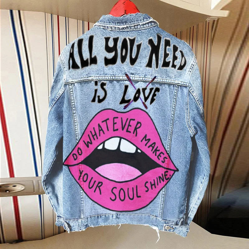 Harajuku Style Denim Jacket with Lip Letter Print