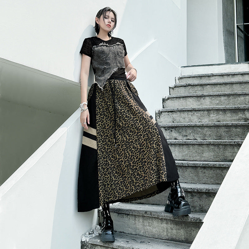 Retro Camo Leopard Print High Waisted Denim Skirt