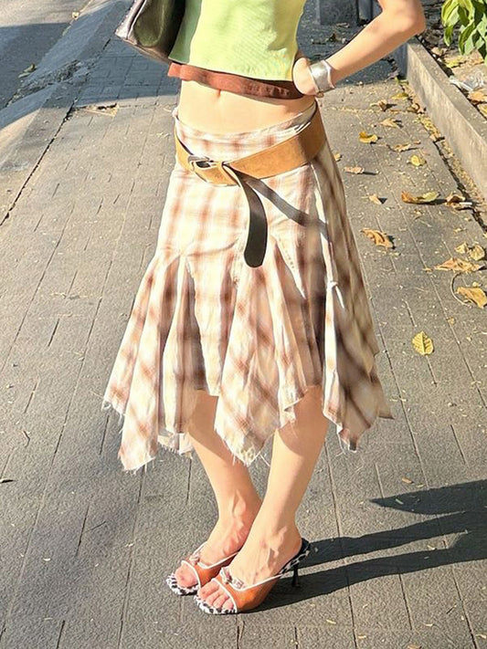 Irregular Hem Patchwork Plaid Skirt - Harajuku Style