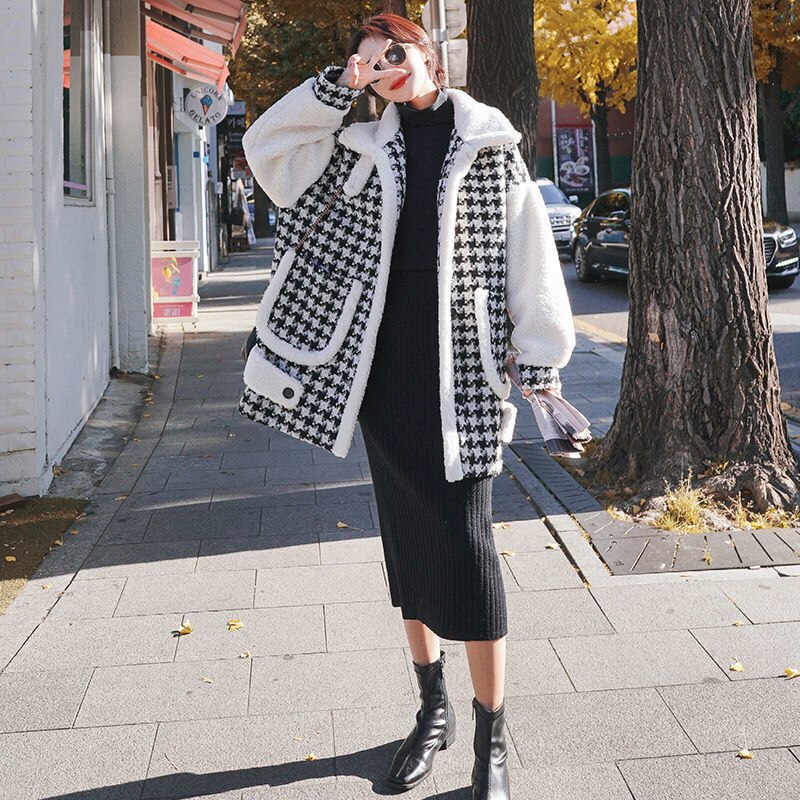 Harajuku Style Houndstooth Wool Coat for Women