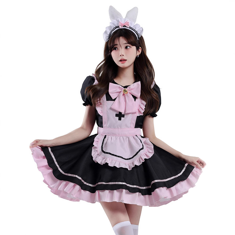 Room Coffee Lolita Black-and-Pink Maid Cosplay Cute Cat Bow Dress
