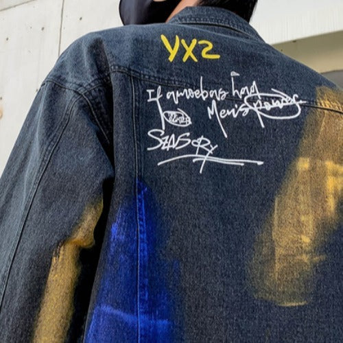 Vintage Hand Painted Graffiti Print Denim Jacket