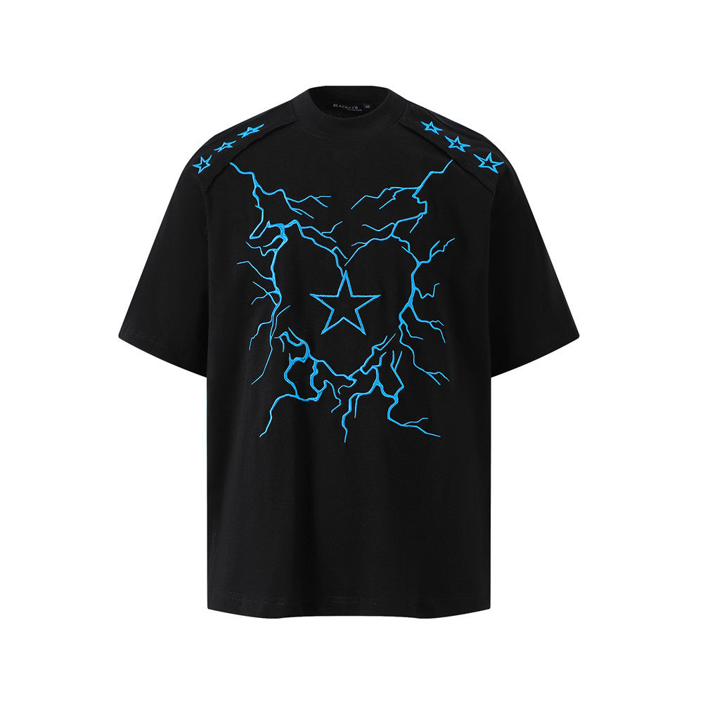 Unique Lightning Heart Star Embroidery Short Sleeve T-Shirt