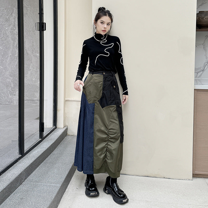 Retro Patchwork Denim High Waisted Skirt for Playful Fashion