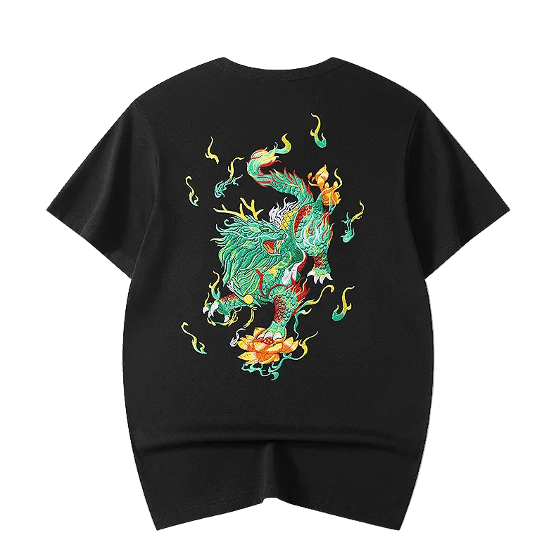 Embroidered Dragon Short Sleeve T-shirt - Cotton