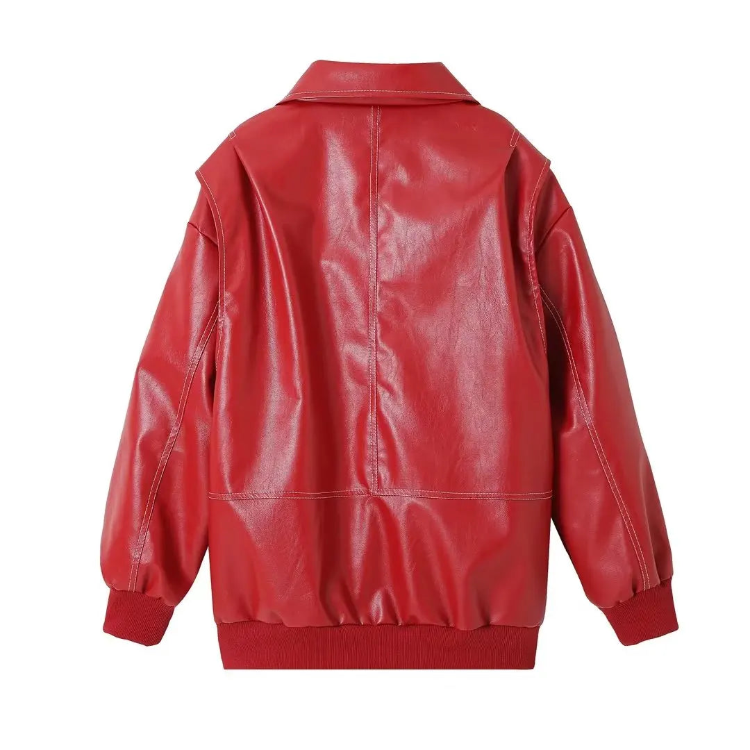Faux Leather Oversized Bomber Jacket for Women