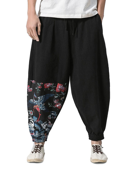 Chinoiserie Printed Cotton Linen Jogger Pants