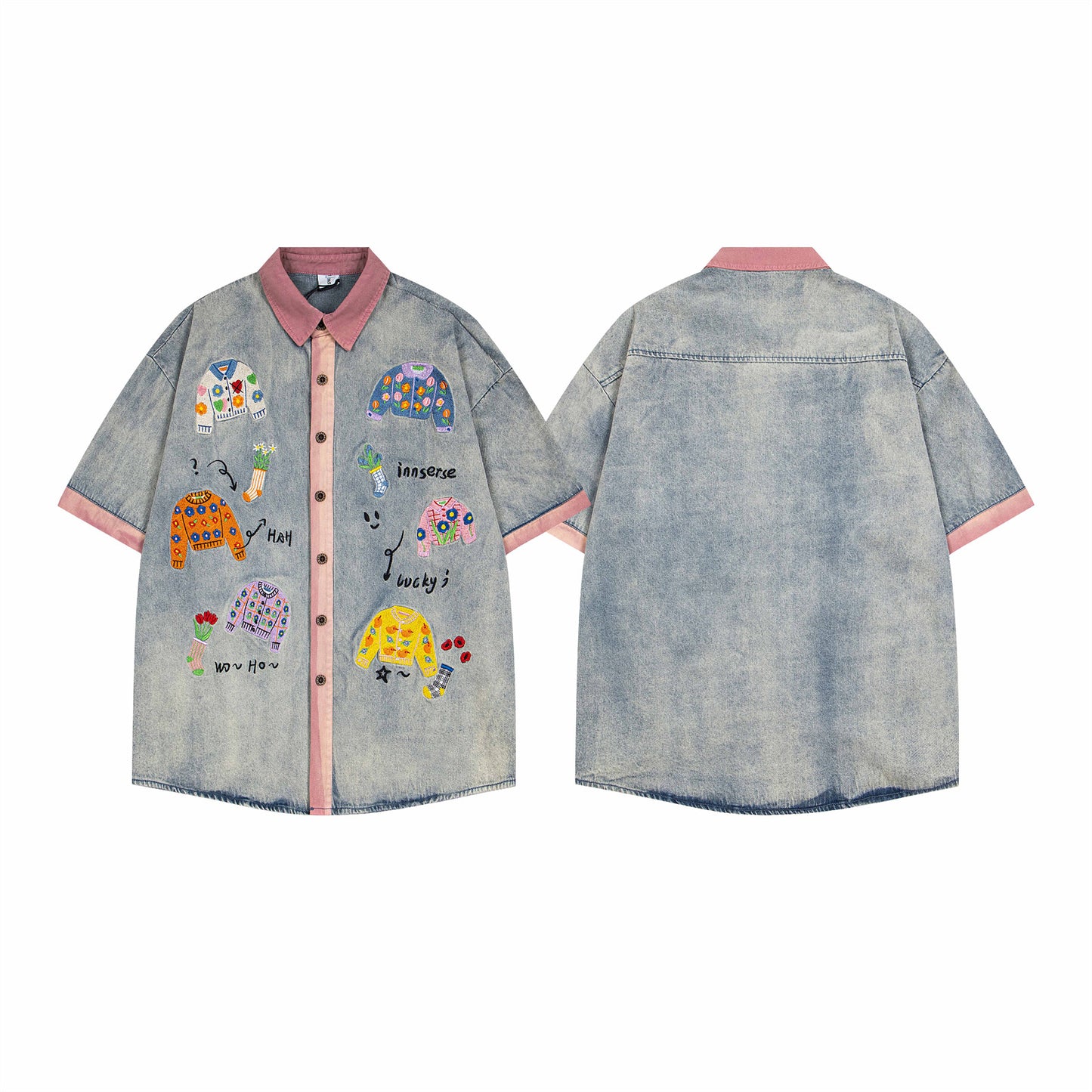 Playful Color Block Embroidery Denim Shirt - Unisex Summer