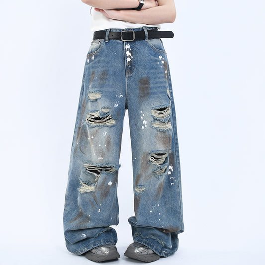 Vintage Washed Denim Pants with Wide Leg