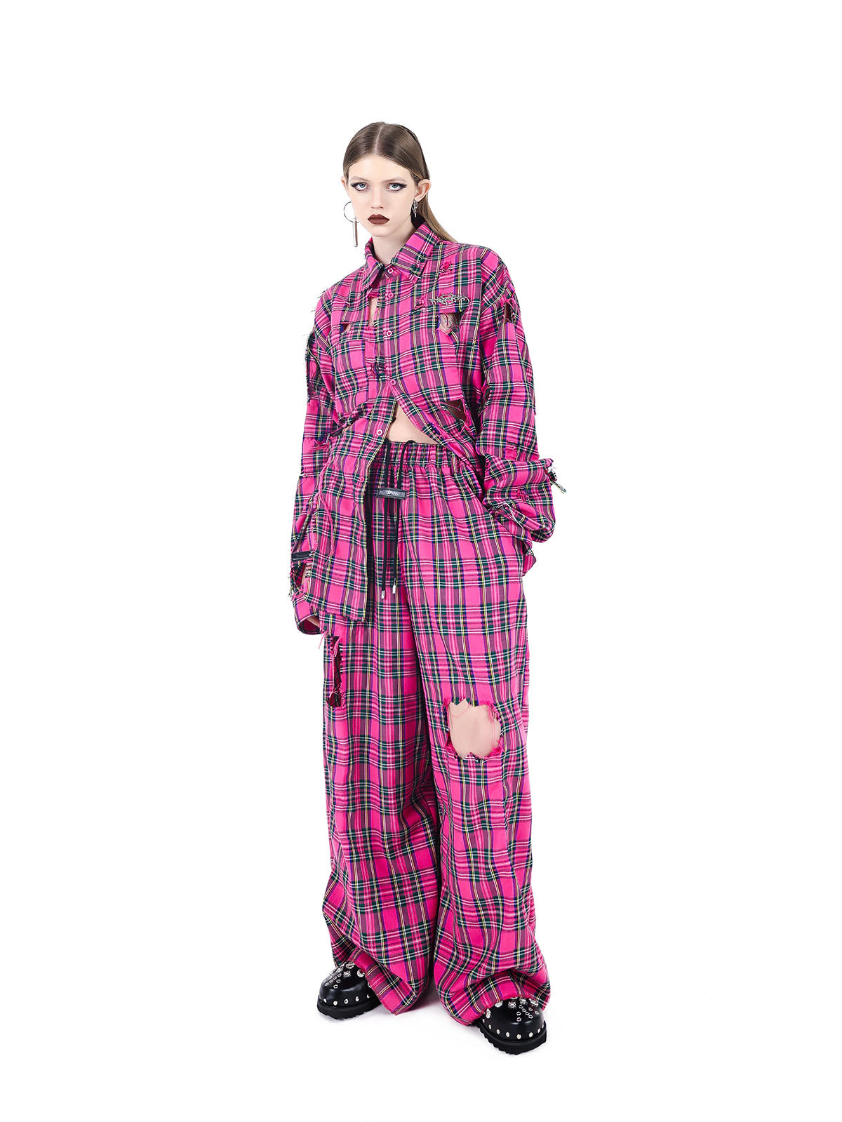 Pink Checkered Punk Rock Streetwear Set