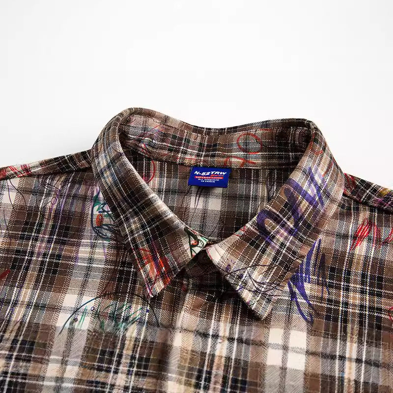 Harajuku Watercolor Graffiti Plaid Long Sleeved Shirt